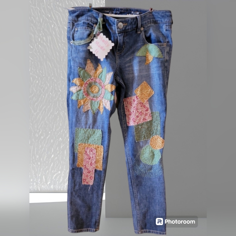 HAND CRAFTED Jeans UPCYCLED Blue Denim Patchwork Floral Applique Size 4